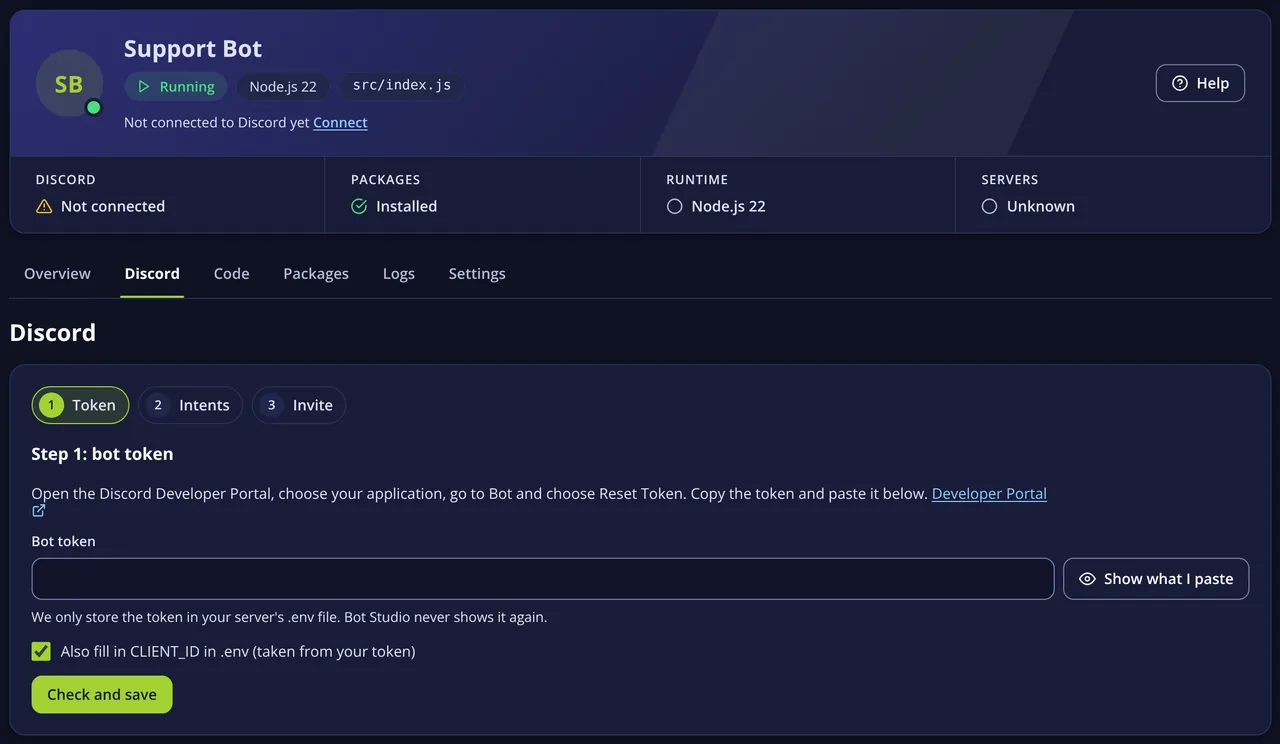 Connect Discord in Bot Studio, step 1 of 3: an empty bot token field with a Check and save button.