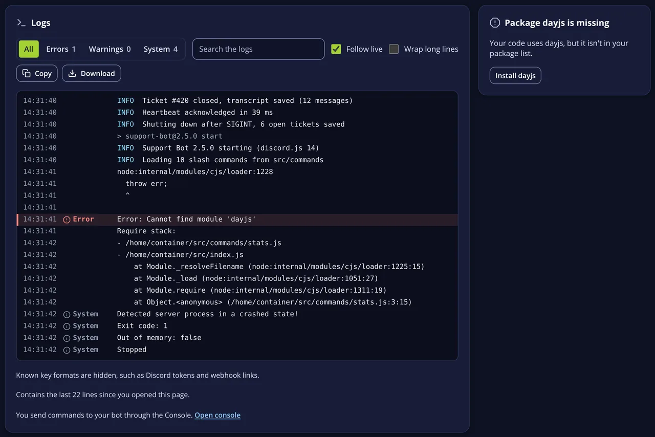Bot Studio logs showing the error Cannot find module dayjs, with the explanation Package dayjs is missing and an Install dayjs button.