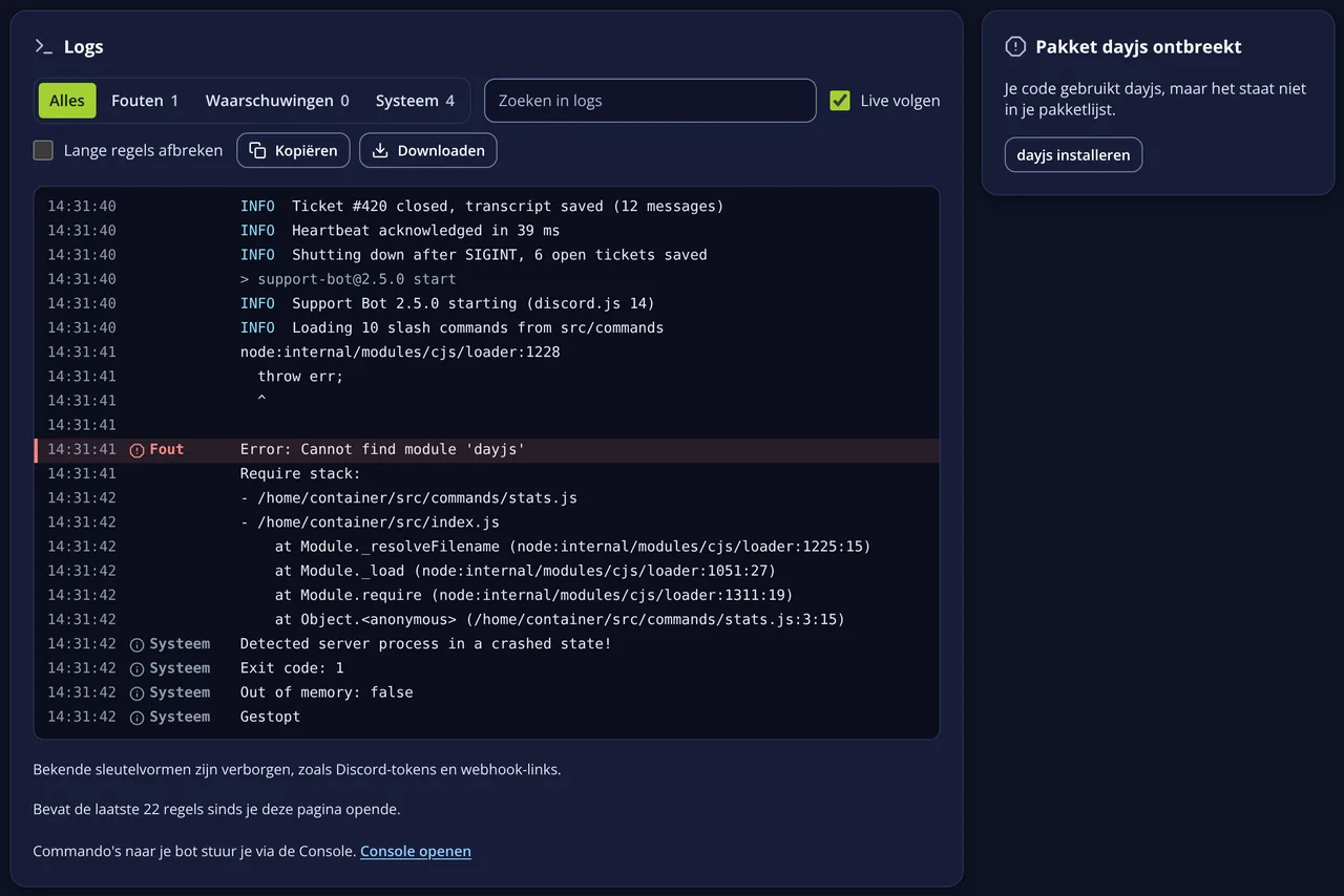 Logs in Bot Studio met de fout Cannot find module dayjs en de uitleg Pakket dayjs ontbreekt, met de knop dayjs installeren.