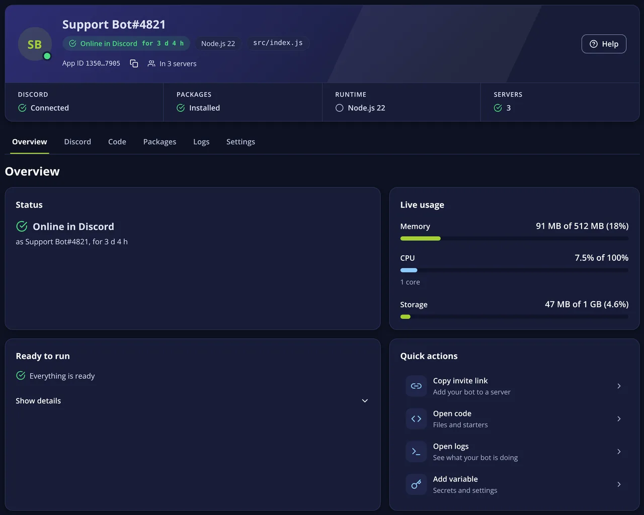 Bot Studio overview for the demo bot Support Bot: Online in Discord, live memory and CPU use, Ready to run and Quick actions.