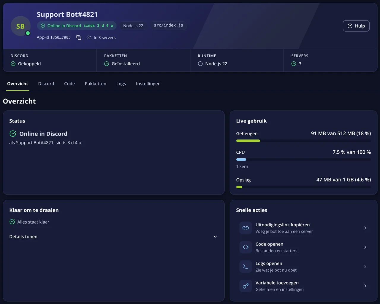 Overzicht van Bot Studio voor de demobot Support Bot: Online in Discord, live gebruik van geheugen en CPU, Klaar om te draaien en Snelle acties.