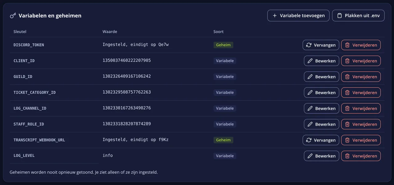 Variabelen en geheimen in Bot Studio: DISCORD_TOKEN als geheim waarvan alleen het einde zichtbaar is, en variabelen zoals GUILD_ID en LOG_LEVEL.