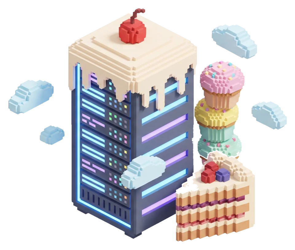 Server rack with blue and purple lights topped with cream and a cherry, next to cupcakes and a slice of cake