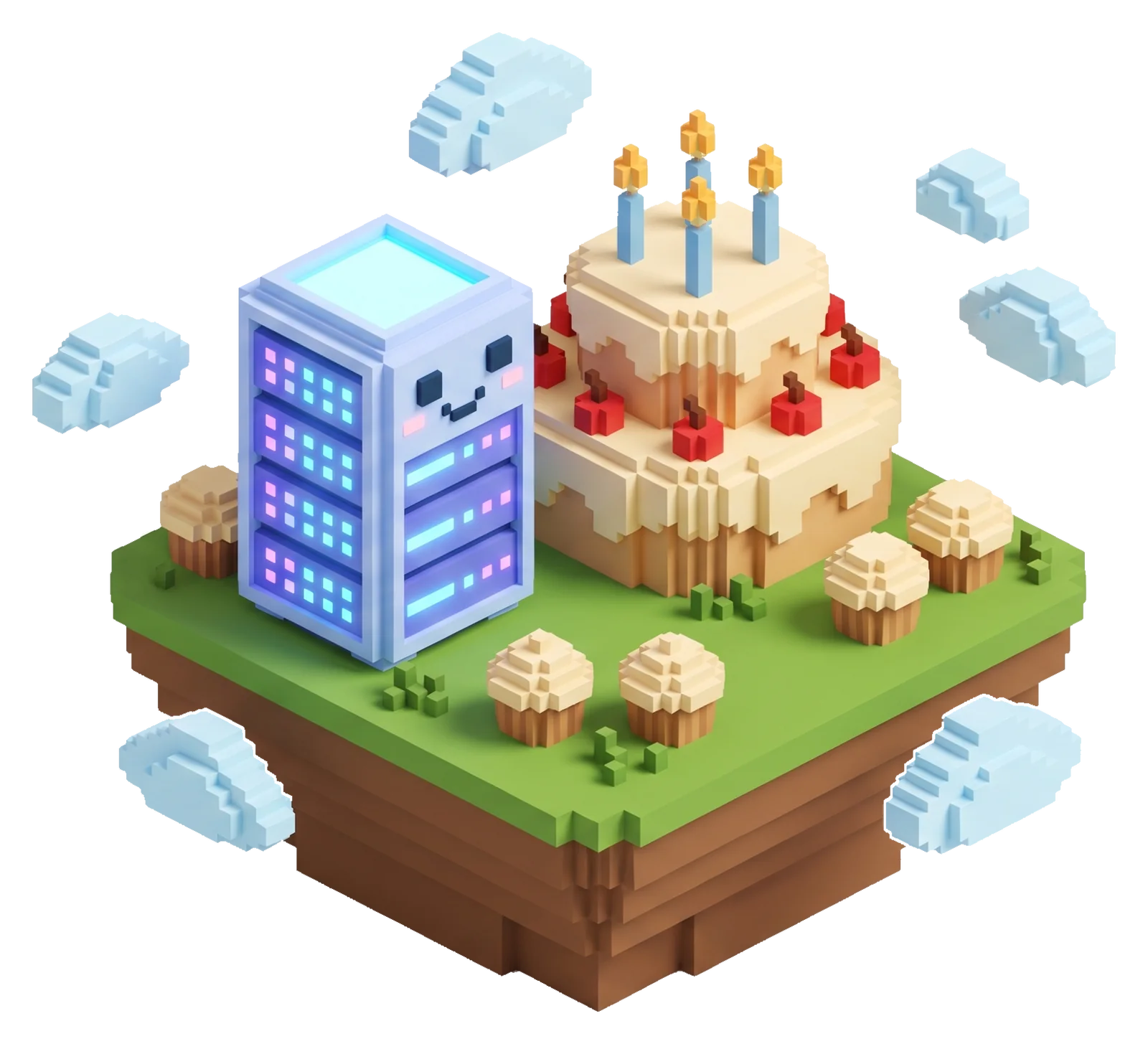 Floating voxel island with a smiling server rack, a birthday cake with candles and cupcakes among little clouds