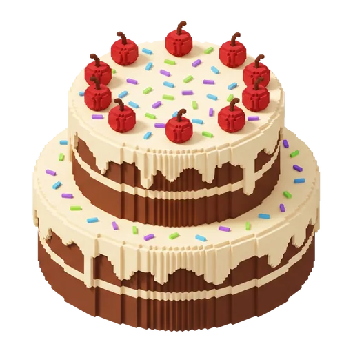 Two-tier voxel cake with cream and a ring of cherries