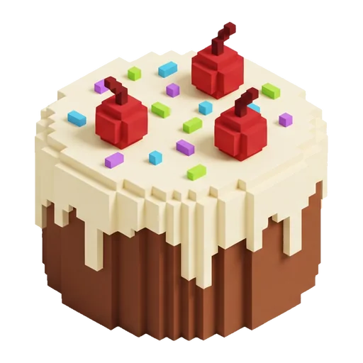 Round voxel cake with cream, three cherries and sprinkles
