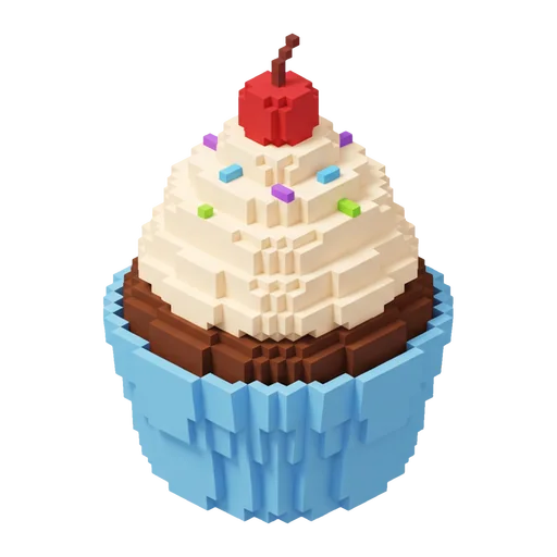 Voxel cupcake with vanilla cream, a cherry and sprinkles