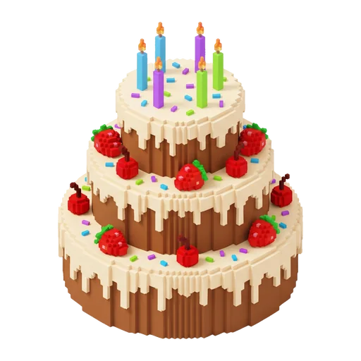Three-tier voxel cake with strawberries, cherries and candles