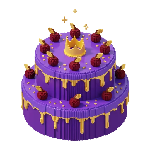 Paarse voxeltaart met twee lagen, goud glazuur en een kroontje