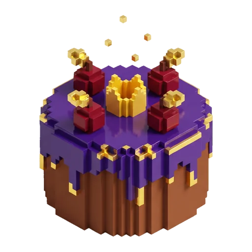 Purple voxel cake with gold drips, cherries and a little crown