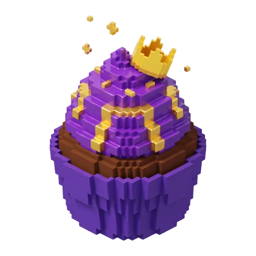 Paarse voxelcupcake met gouden druppels en een gouden kroontje