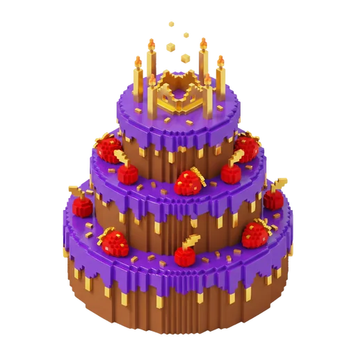 Paarse voxeltaart met drie lagen, gouden kaarsjes en een kroontje