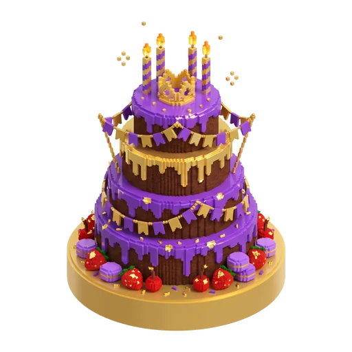 Huge six-tier purple voxel cake on a gold stand with a little crown