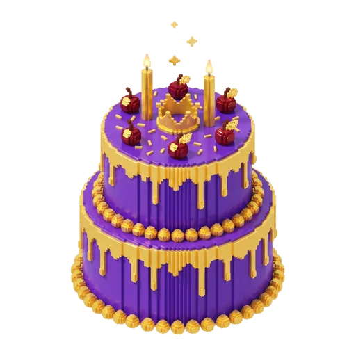 Hoge paarse voxeltaart met gouden toefjes, kaarsjes en een kroontje
